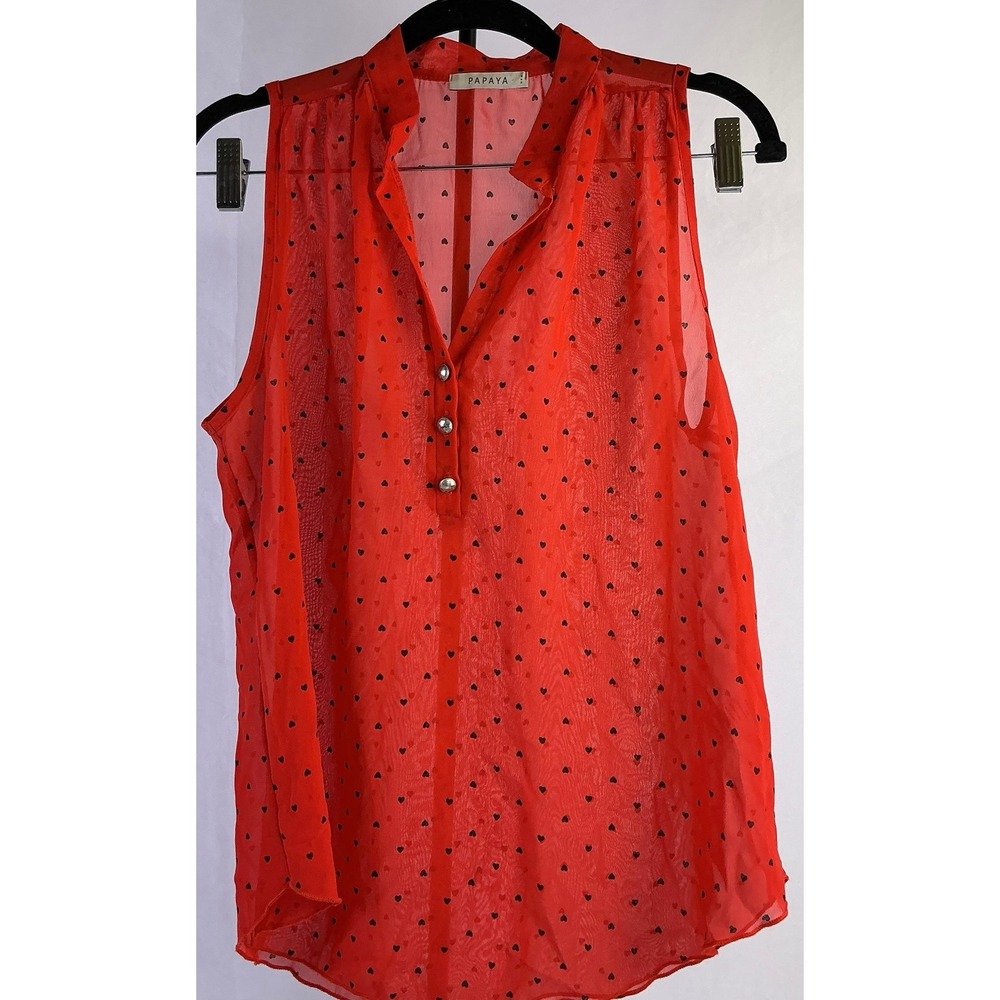 Papaya Red Sleeveless Chiffon Blouse Black Heart Print Button Down Shirt M